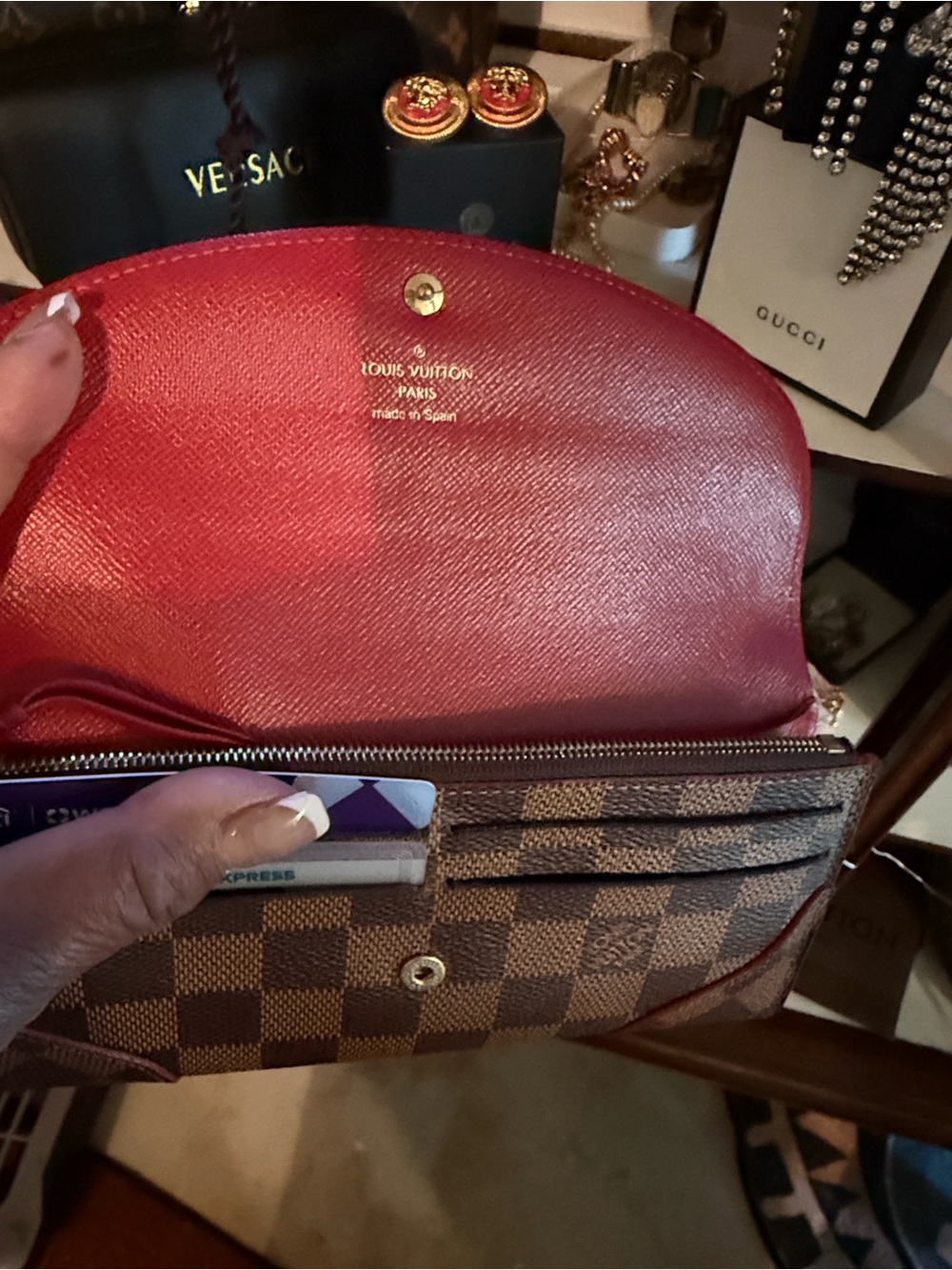Louis Vuitton Damier Ebene Wallet with Red Interior